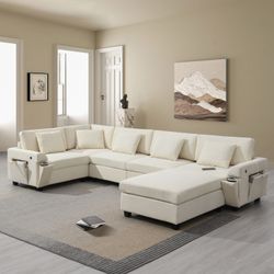 128*67 U Shaped Sectional Sofa,6 Seat Chenille Couch Set with Oversized Ottoman,Hidden Armrest Storage and Cup Holders,USB Charging Ports,Wide Seat So