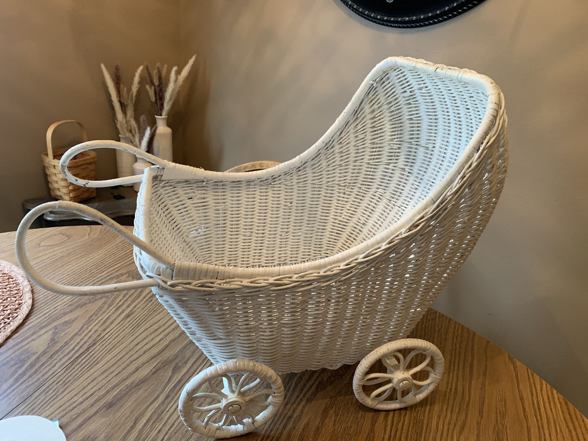 White Wicker Decorative Doll Baby Stroller 