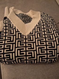 Black and White Monogram Knit V-Neck Sweater