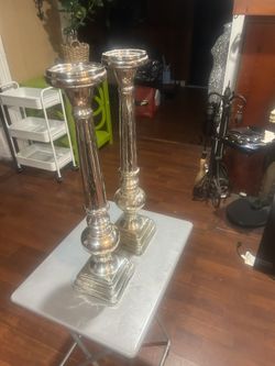 Set Of Chrome Pedestal Candle Holders:21x4”