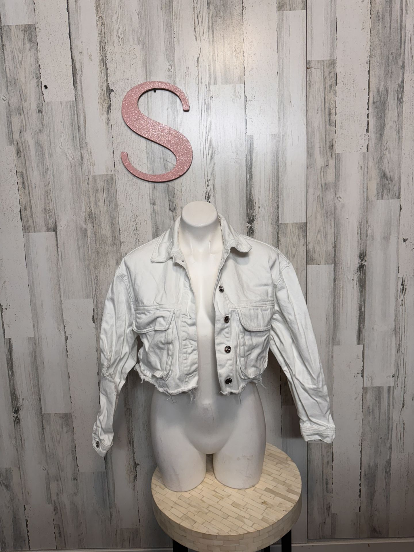 ZARA WOMEN'S CUFF OFF DENIM JEAN JACKET WHITE SMALL
