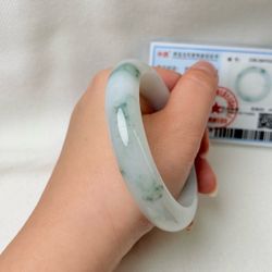 Natural Burmese Jadeite Jade Bangle Bracelet Milky White with Blue Green Floating
