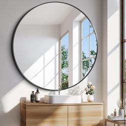 Black Round Mirror 48 inch HD Circle Mirror, Aluminum Alloy Metal Frame Bathroom Mirror, Round Wall Mirror, Circle Mirrors for Wall Entryway Bedroom L