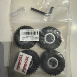 HOBBYSOUL 64 * 25mm Soft Sticky 1.0 tires F/R and Adjustable Negative Offset 1.0 beadlock wheels Black Rims For RC Mud Crawler 1/24 SCX24 FCX24 AX24 1
