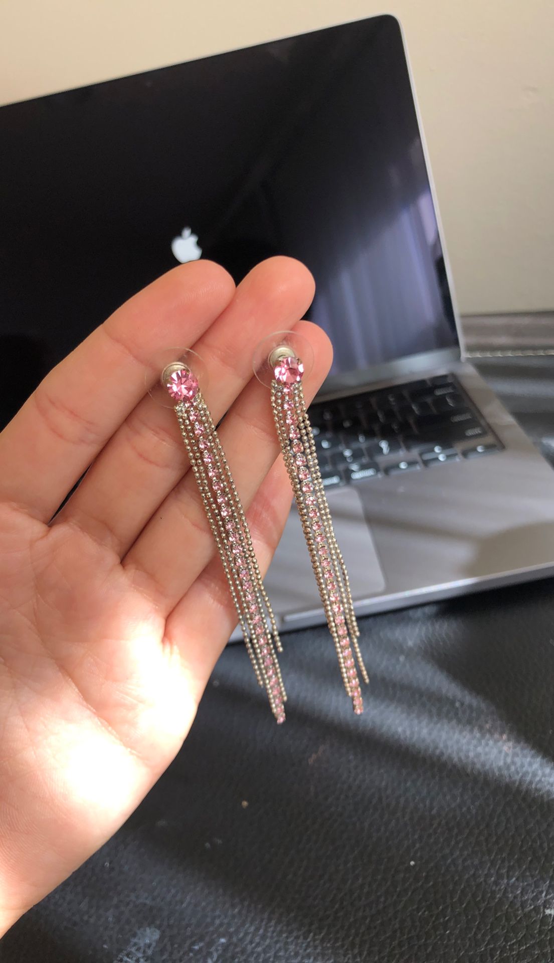 Pink and silver dangly earrings