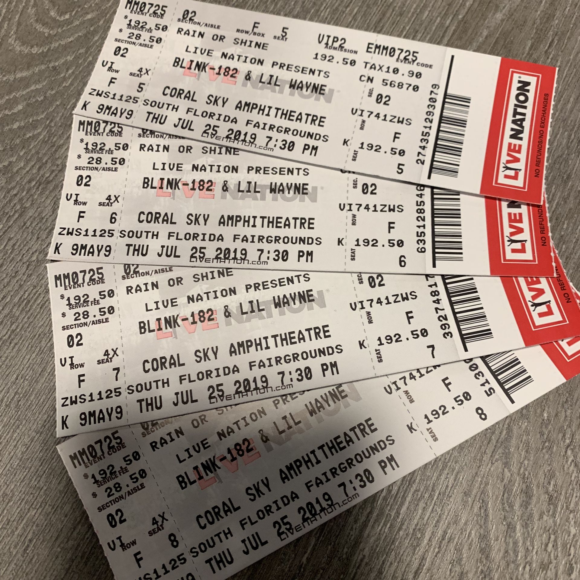 Blink-182 & Lil Wayne Concert Tickets Thursday 7/25/19 Coral Sky Amphitheater - Next to Stage