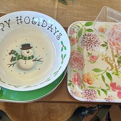 Holiday Serving Trays And Bowl 