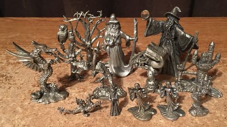 LOT OF 12 PEWTER FANTASY FIGURINES WIZARDS DRAGONS CASTLES ALTAR LIVING TREE FAIRY