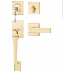 Modern Satin Brass Front Door Handle Set with Deadbolt