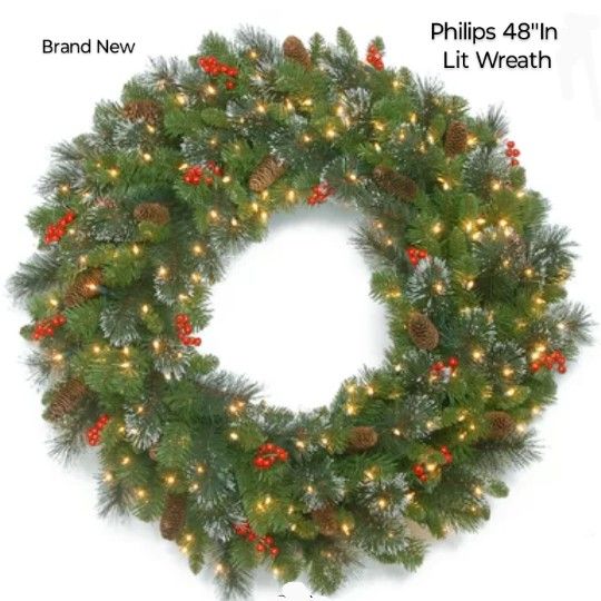 Brand New Phillips 48"In Lit Wreath With 100 Warm Light LED With Berries And Pinecones