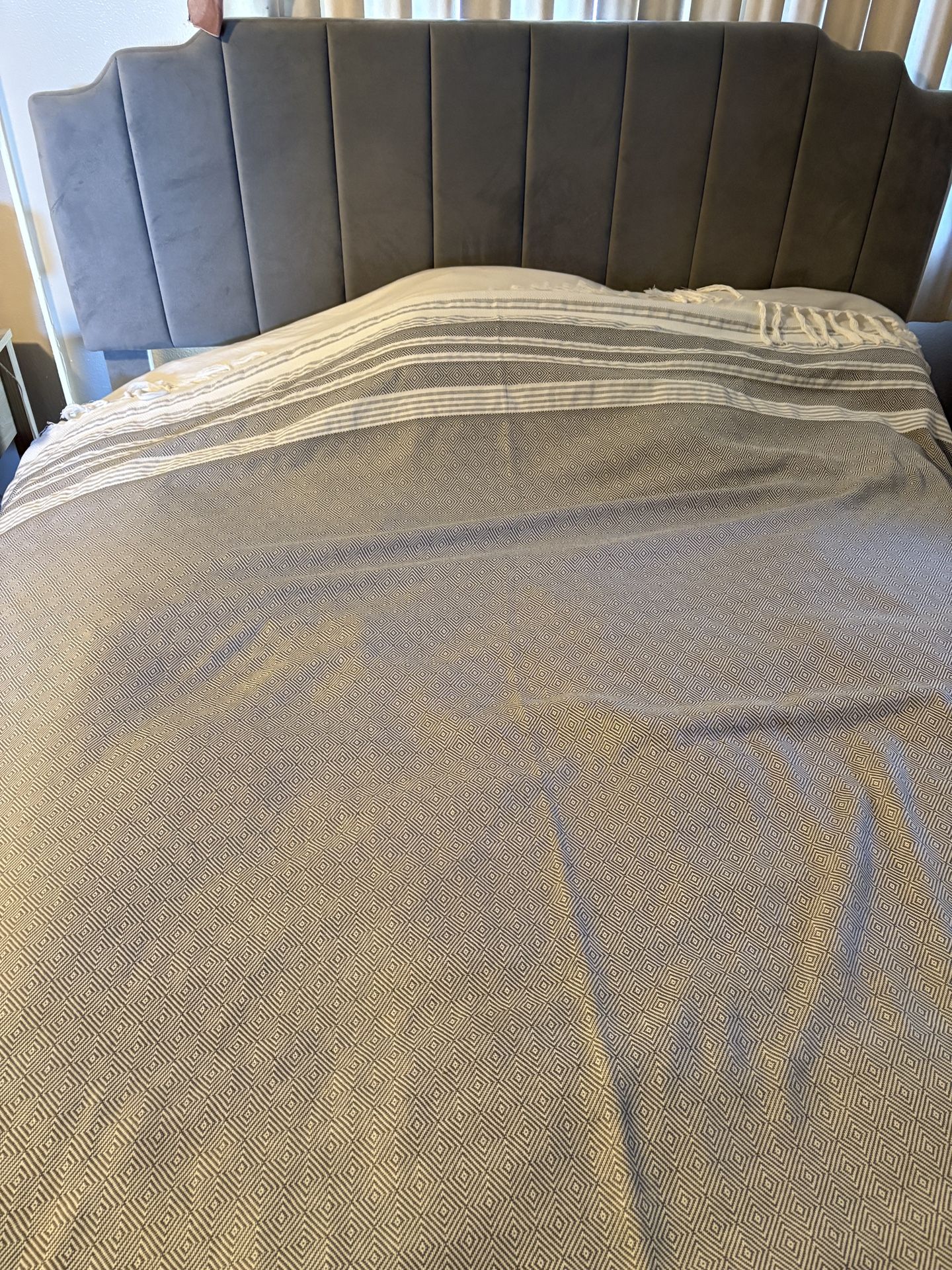 Grey Suede Headboard, Bed Frame With Drawers 