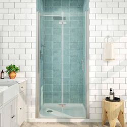 34 to 35-1/2 in. W x 72 in. H Bi-Fold Frameless Shower Doors in Brushed Nicke with Clear Glass