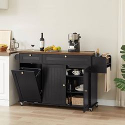 60" Kitchen Island with Power Outlet & Drop Leaf, Rolling Island with Spice Rack & Towel Rack, Kitchen Island Cart