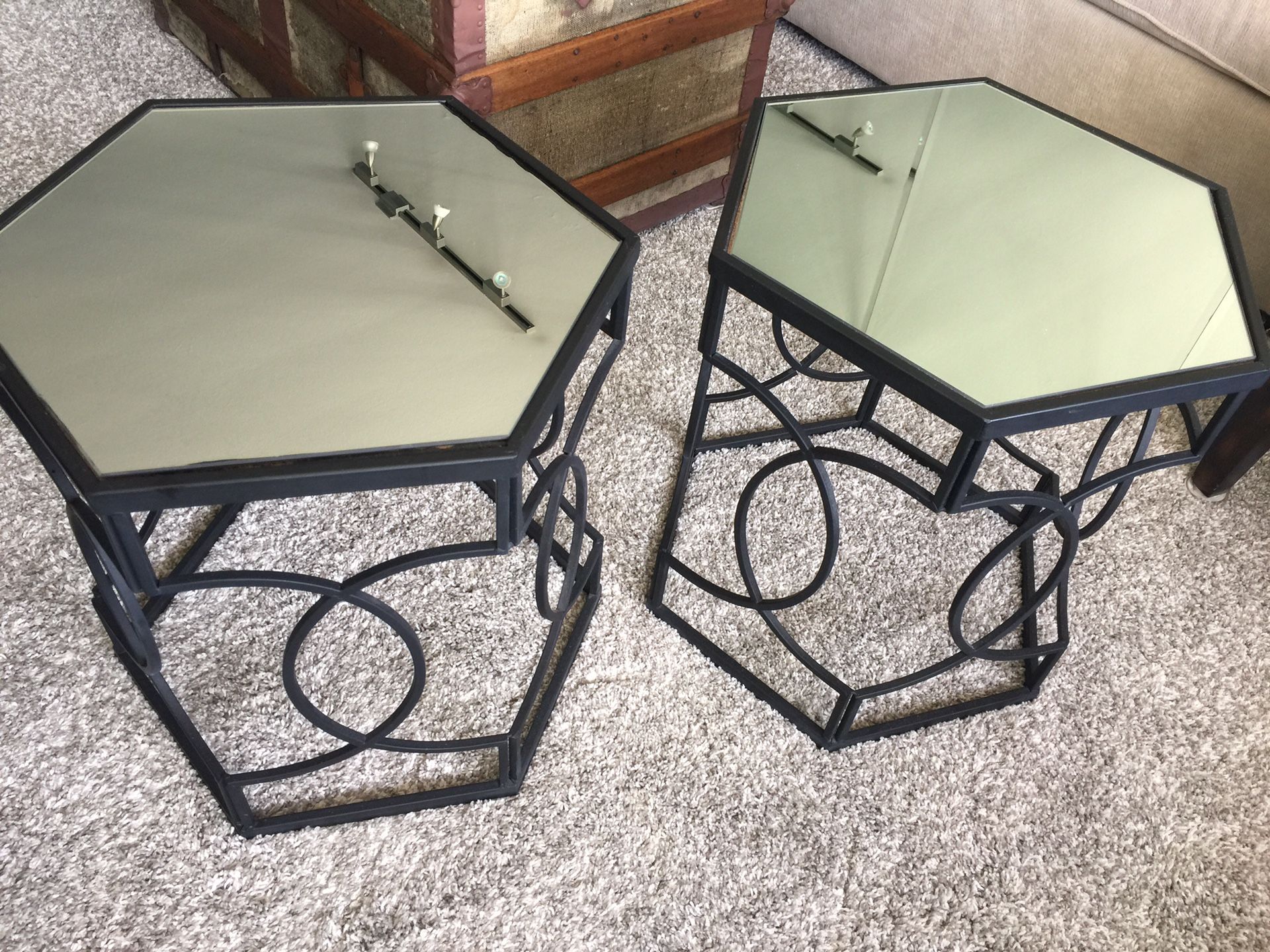 2 matching end tables - mirrored top with black metal frame