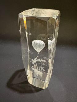 Elephant Palm Tree Hot Air Balloon 3D Laser Etched Crystal Obelisk Paperweight