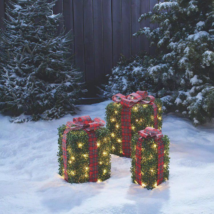 Set of 3 Lighted Christmas Topiary Gift Boxes
