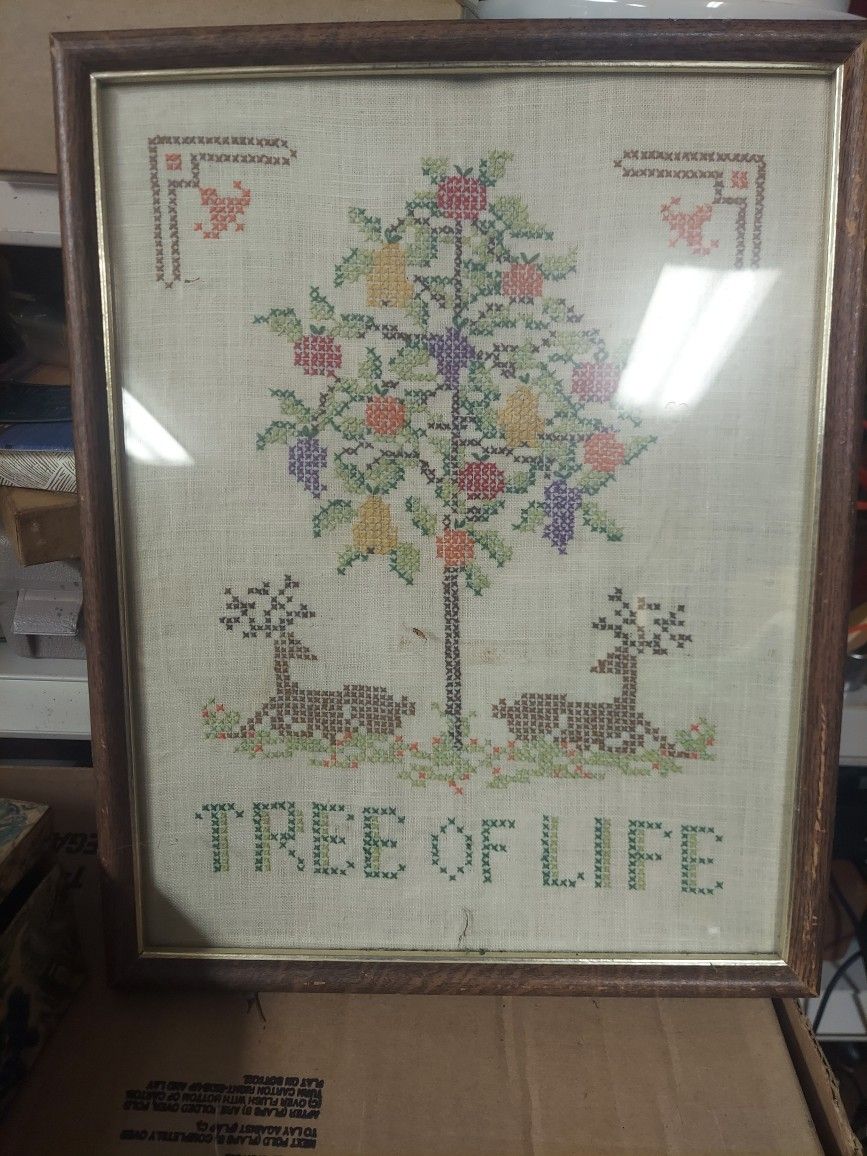 Vintage Tree Of Life Needlepoint Framed Picture
