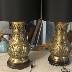 Antique Heavy Chinese Brass Lamps. 