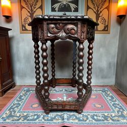 Vintage Oak Hexagon Side Table / End Table | Ornate Twisted Legs