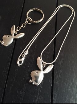 (18”, 20” or 22”) 925 Sterling Silver Necklace with Antique Silver Playboy Bunny Pendant/ Keychain Combo Set