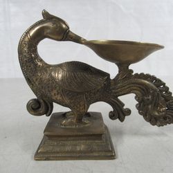 Peacock Diya Solid Brass Hindu Indian Oil Lamp Incense Burner
