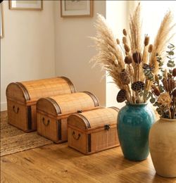 Vintage Bamboo Rattan Storage Chests Set of 3 Stacking Beautiful!