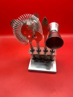 Five Piece Stainless Steel Silver Bar Tool Set With Stand By Randa India
