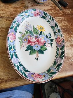 Large Hand-Painted Floral Ceramic Oval Platter
