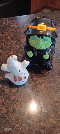 Halloween Ceramic Witch Cookie Jar and Ghost Figure