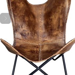 Leather Butterfly Chair Vintage Leather Lounge Relax Arm Chair Handmade Genuine Leather Butterfly Chair Brown Leather Cover (with Fold-able Black Stan