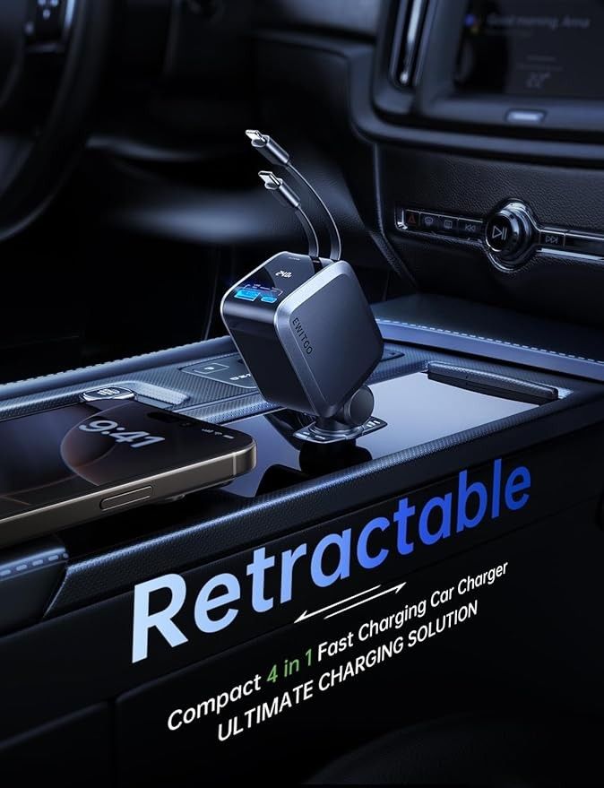 Retractable Car Charger, 72W Fast Charging USB C Car Charger