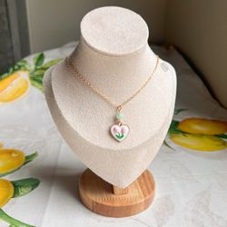 Cute Flower Necklace, Mint Pearl Pink Tulip, Heart Charm, Dainty, Coquette Fun