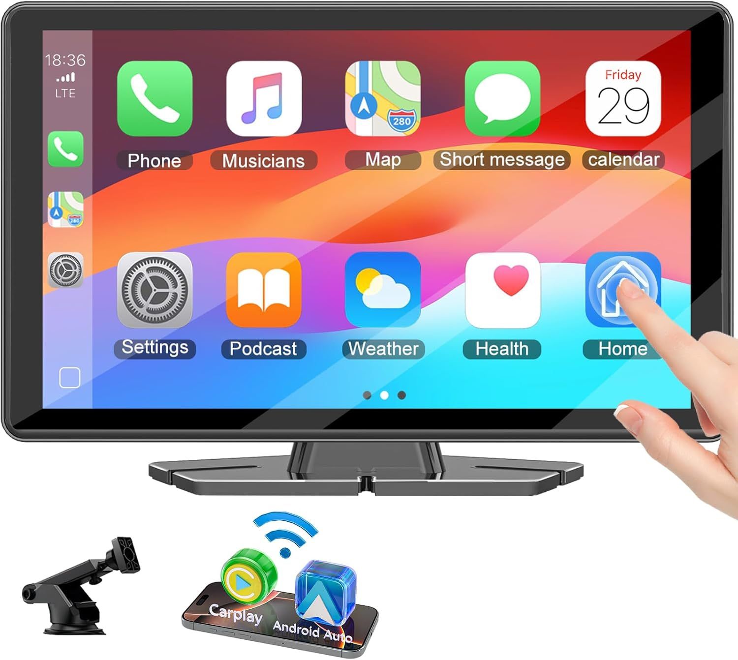 HD IPS Wireless Portable Car Stereo for Apple Carplay &Android Auto Receivers Touch Screen with GPS Navigation,BT,Mirror Link,FM,Voice Control