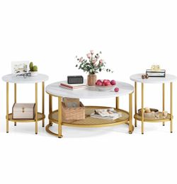 Like New Round Coffee Table Set of 3 for Living Room, Modern Coffee Table with Open Storage, Wood Surface Top & Sturdy Metal Legs Large Circle Coffee