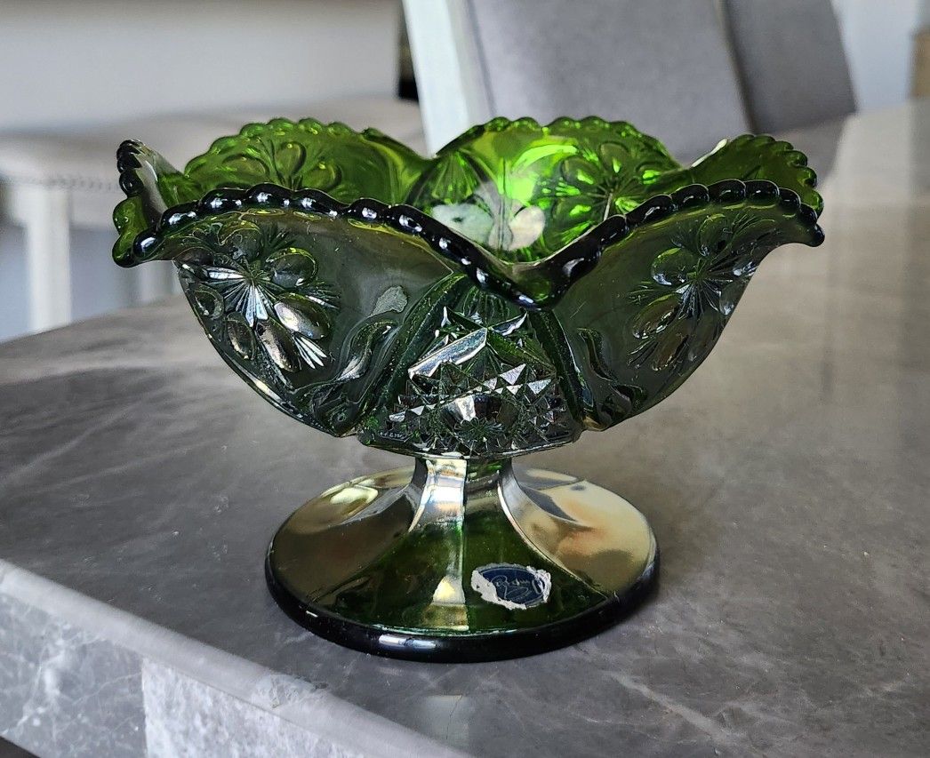 Vintage Imperial Pedestal Compote Scroll Embossed Green Carnival Iridescent Glass Cosmos Daisy
