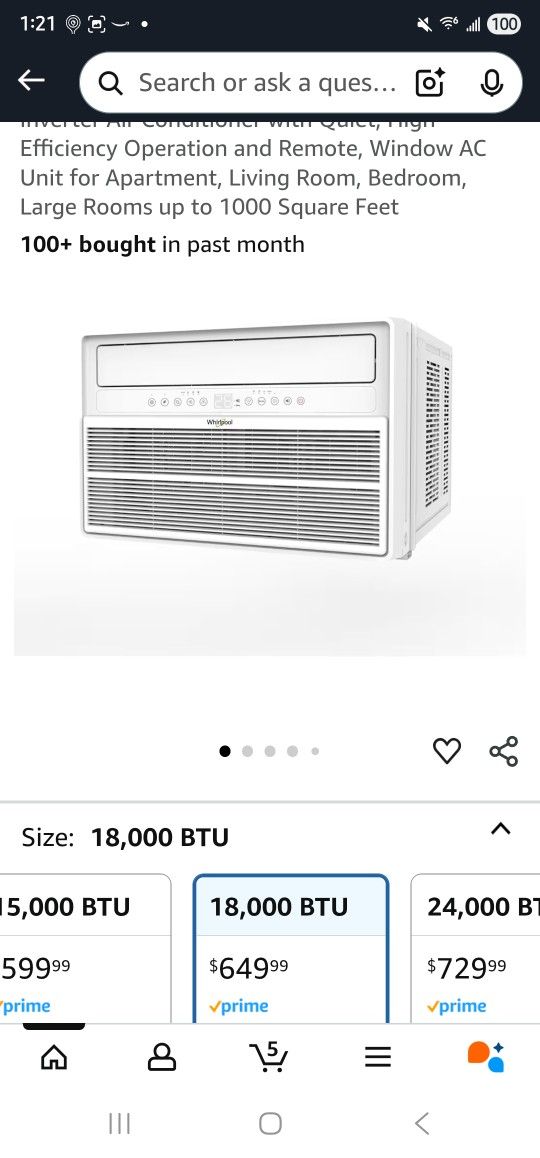 Whirlpool 18,000 BTU Window Mounted Inverter Air Conditioner with Quiet, High Efficiency Operation and Remote, Window AC Unit for Apartment, Living Ro