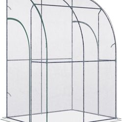 5' x 4' x 7' Lean-to Greenhouse, Walk-in Wall Mounted Hot House & Plant Nursery with 2 Zippered Roll Up Doors, Sloping PVC Cover, Green 845-592