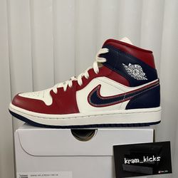 New* 2022 Nike Air Jordan 1 Mid " USA" Edition White Blue Red Womens Size 12 or MENS Size 10.5 US - OG All DS