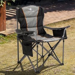ALPHA CAMP Oversized Camping Folding Chair Heavy Duty Support 450 LBS Oversized Steel Frame Collapsible Padded Arm Chair with Cup Holder Quad Lumbar B