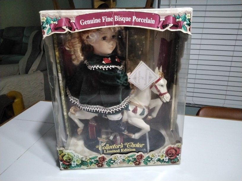 Genuine Fine Bisque Porcelain Doll Girl on Carousel Horse -Collector's Choice - Vintage