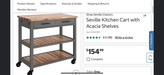 Seville Kitchen Cart with Acacia Shelves Grey o White Available $130 Brand New Nuevo
