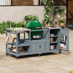 75.4" Outdoor Kitchen Island with Sink, Solid Wood Outdoor Grill Cart for Big Green Egg Grills, Rolling Outdoor Bar Cart with Stainless Steel Top.