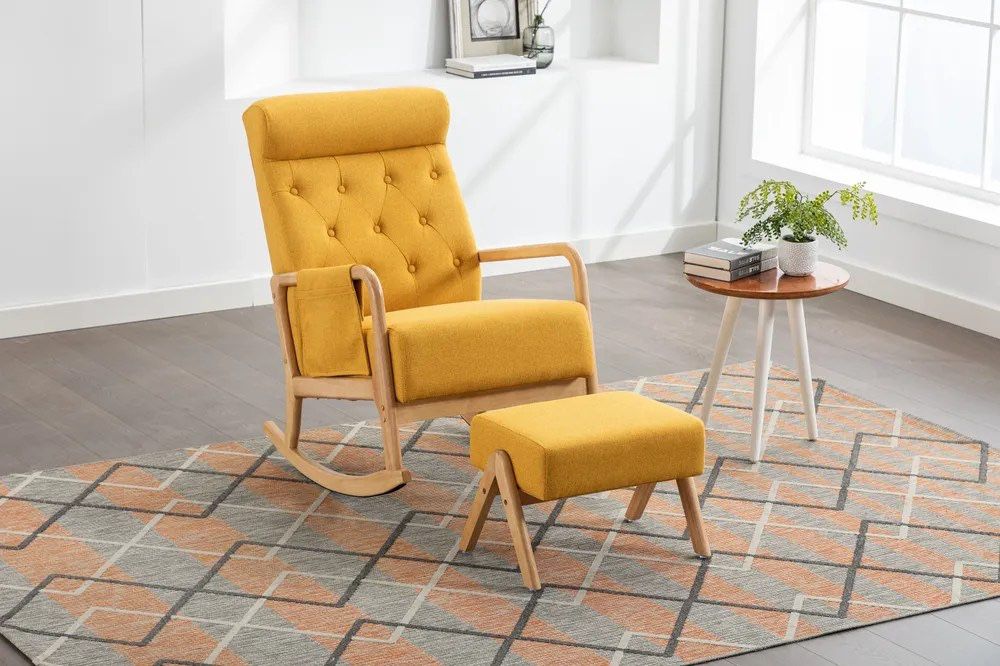 Mid-Century Modern Upholstered Yellow Wooden Rocking Chair w/ Ottoman  [NEW IN BOX] **Retails for $330