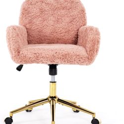Assembled New Pink Desk Chair Faux Fur Vanity Chair, Comfortable Home Office Chair with Wheels