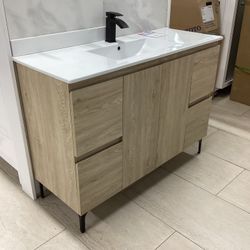 48” Bathroom Vanity Cabinet New Wood Color White Ceramic Top Sink Integrated Softclose Drawers Ready For Pick Up Today