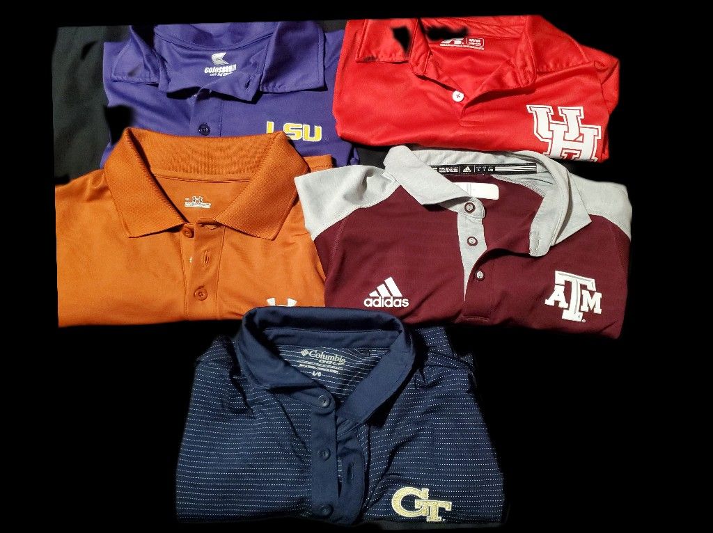 University Of Texas Colors You Under Armor LSU, U Of H Geqorgia Tech, TX A&M Polo Style Shirts