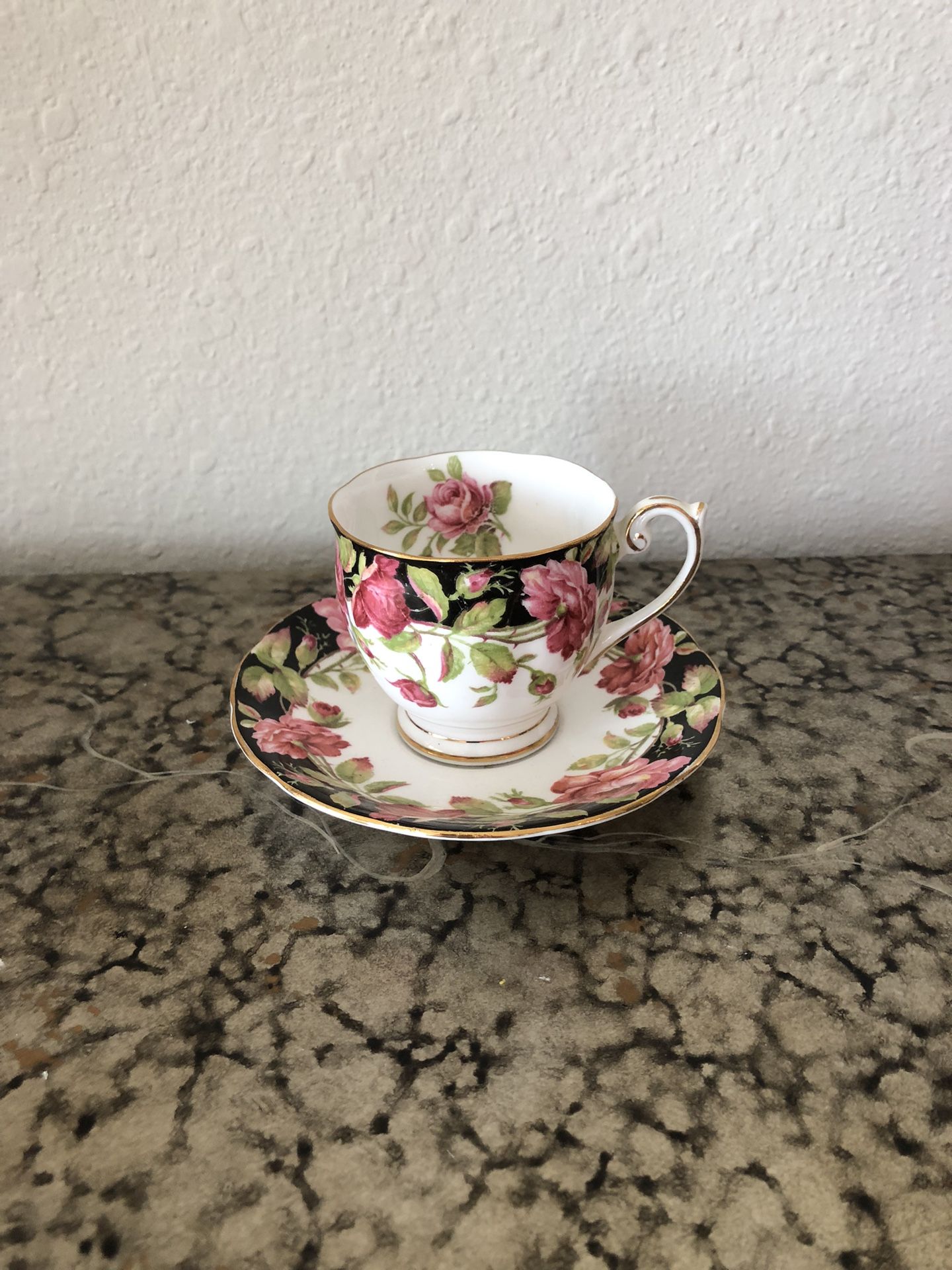 Queen Anne Cup & Saucer (England) Fine Bone China - Black Magic Pattern - Vintage 1950s