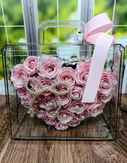 Pink Eternal Rose Heart Purse with Lights - LED Glow Acrylic Handbag Gift Box