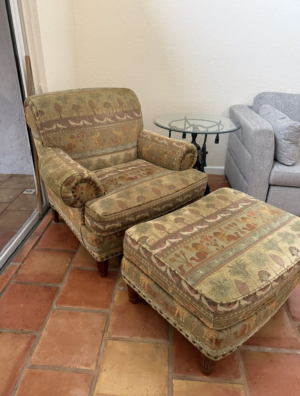 Unique Tapestry Armchair and Ottoman Set