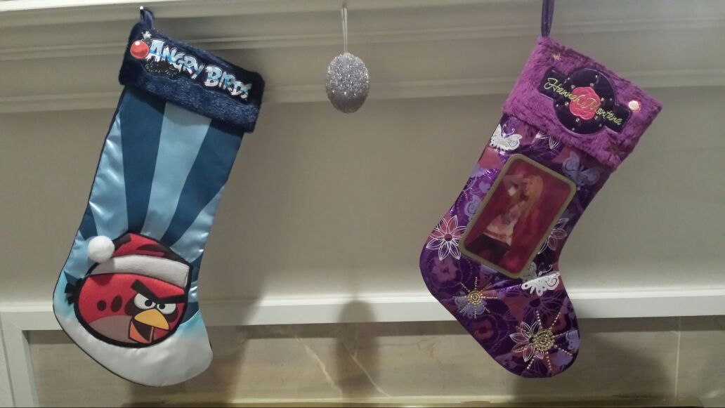 Two Satin & Plush Fur Christmas Stockings, Hannah Montana & Angry Birds